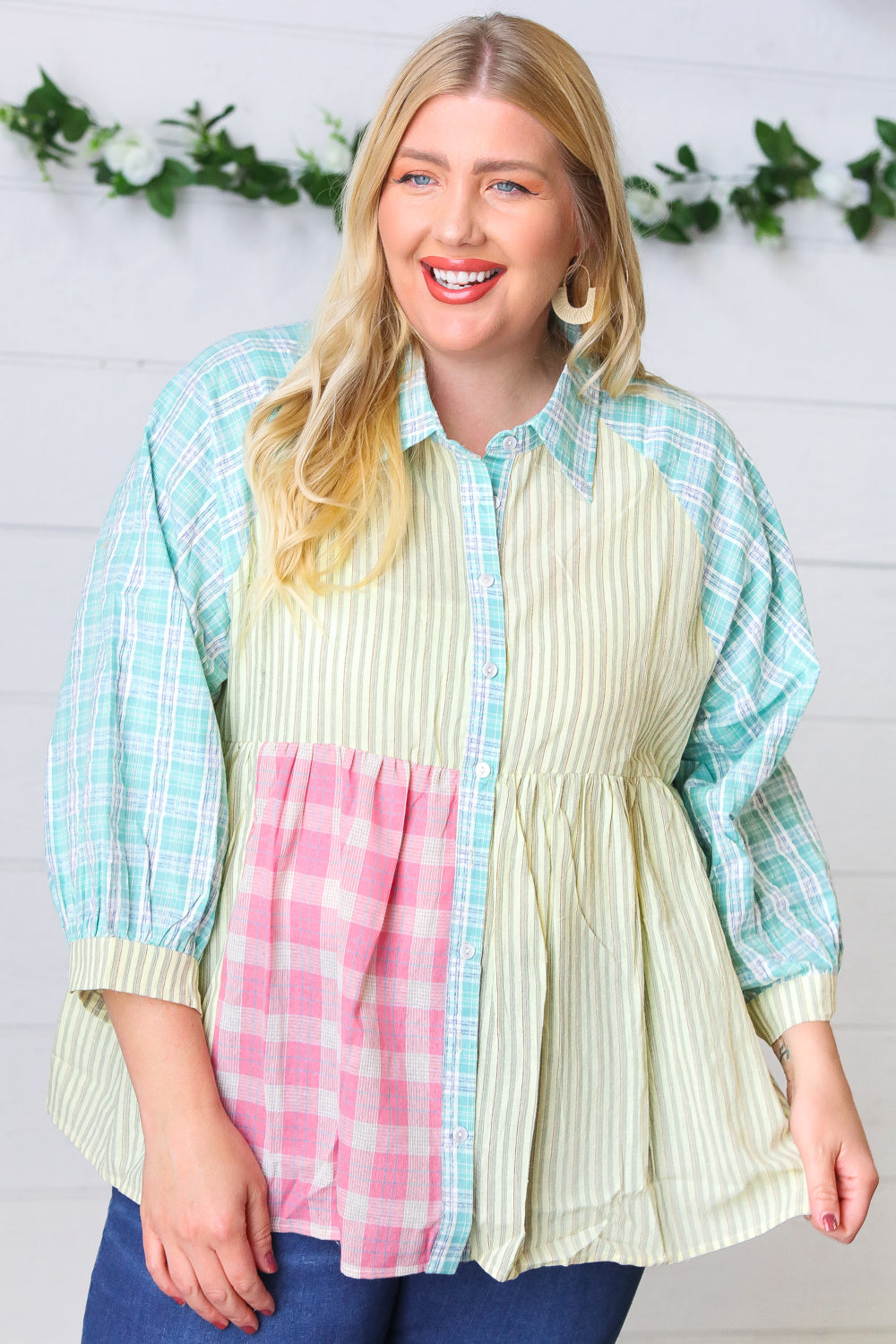Sunflower & Rose Cotton Plaid Check Patchwork Shirt