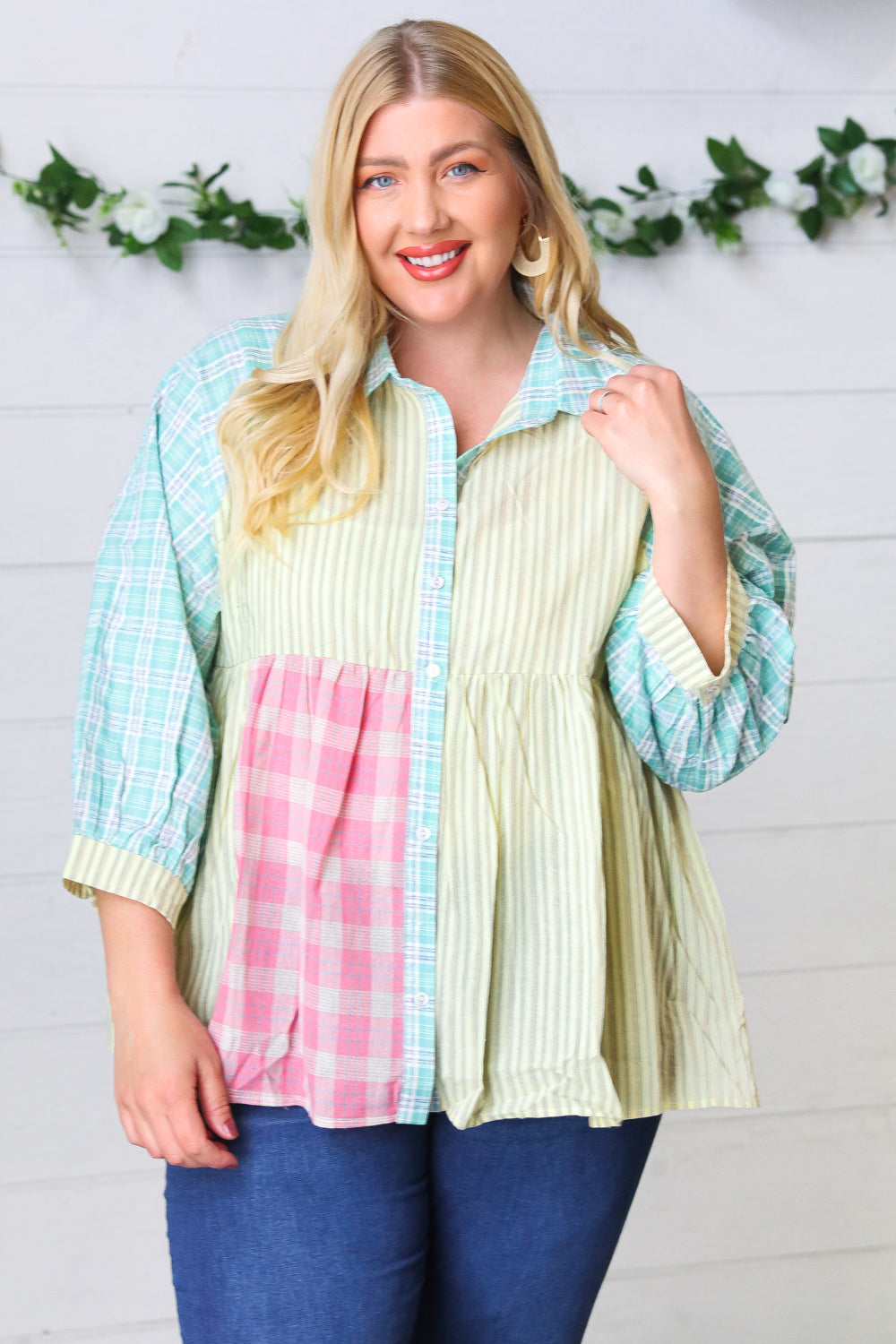 Sunflower & Rose Cotton Plaid Check Patchwork Shirt
