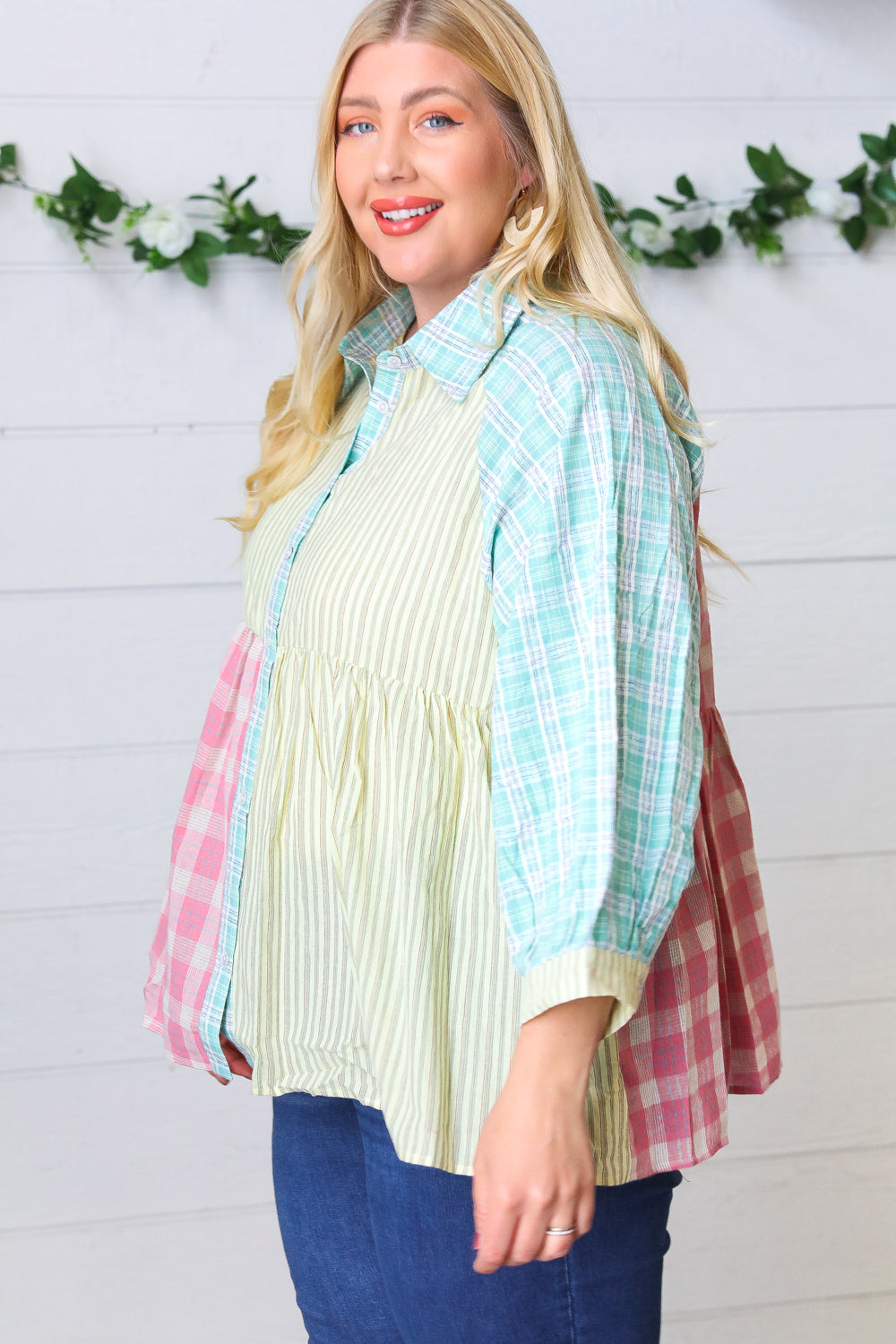 Sunflower & Rose Cotton Plaid Check Patchwork Shirt