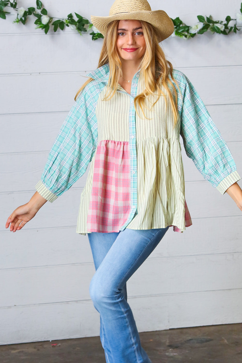 Sunflower & Rose Cotton Plaid Check Patchwork Shirt