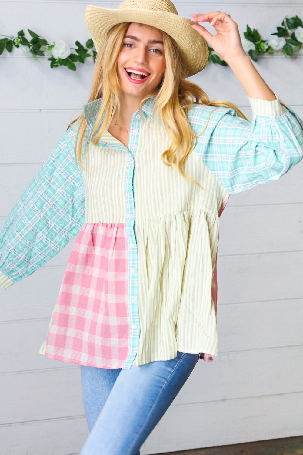 Sunflower & Rose Cotton Plaid Check Patchwork Shirt