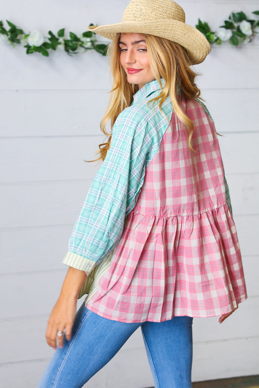 Sunflower & Rose Cotton Plaid Check Patchwork Shirt