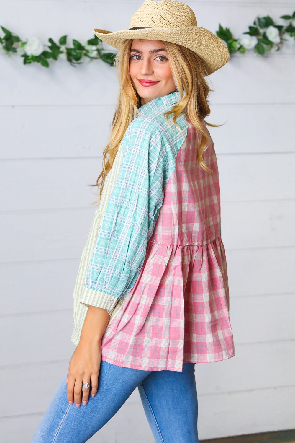 Sunflower & Rose Cotton Plaid Check Patchwork Shirt