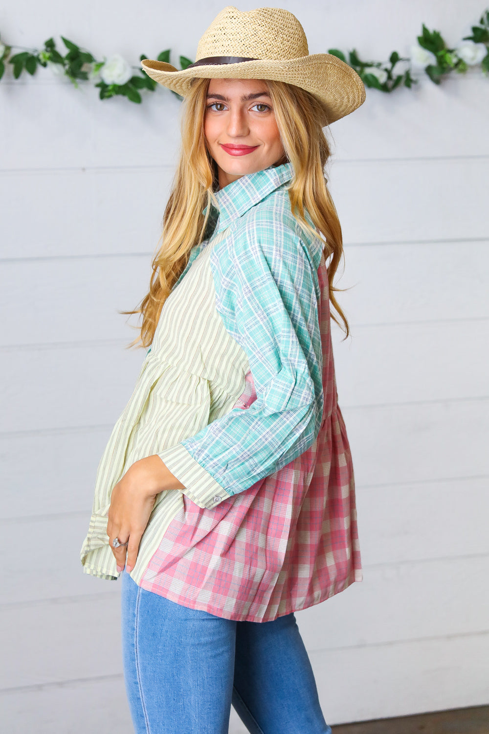 Sunflower & Rose Cotton Plaid Check Patchwork Shirt