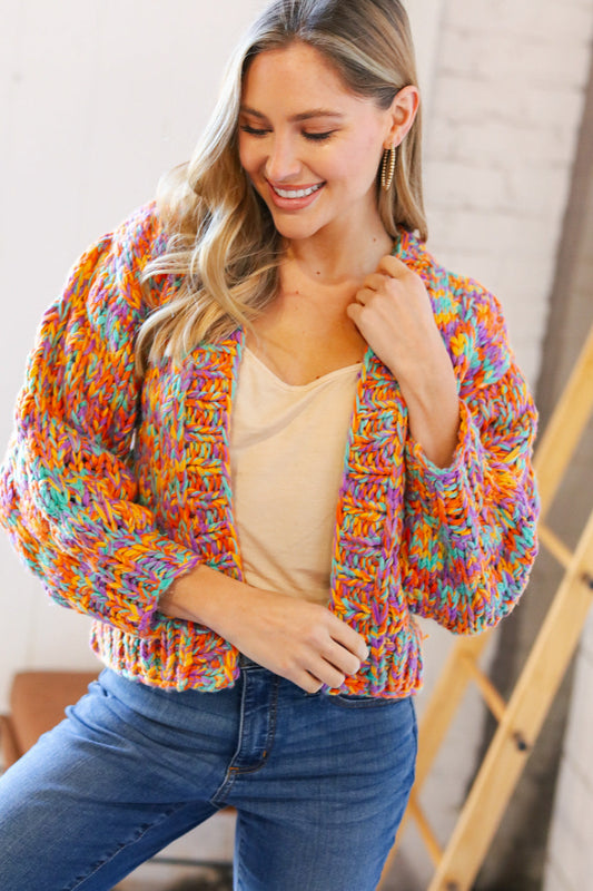 Multicolor Chunky Knit Cropped Open Cardigan