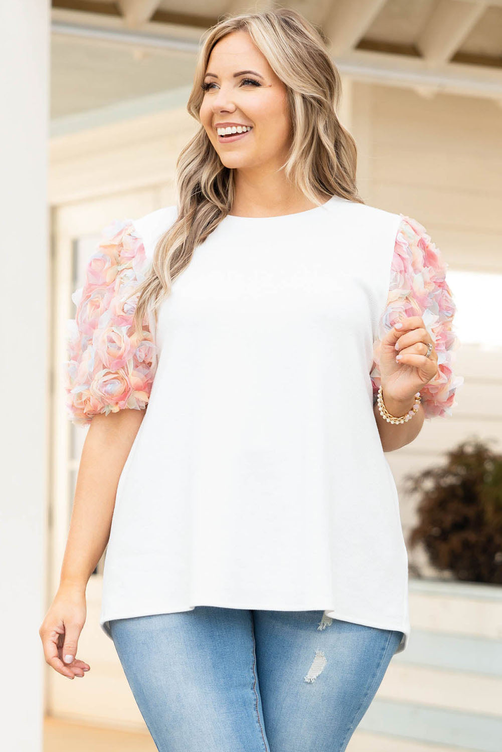 3D Floral Sleeve Round Neck Blouse