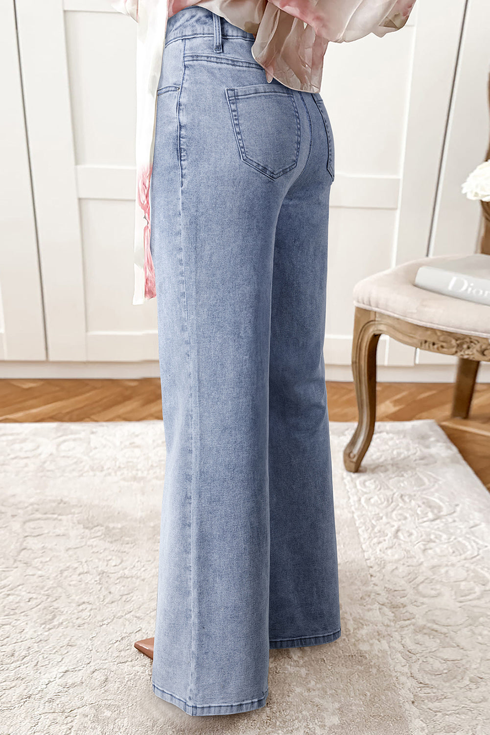Dirty blue Button Zip High Waist Flared Hem Jeans