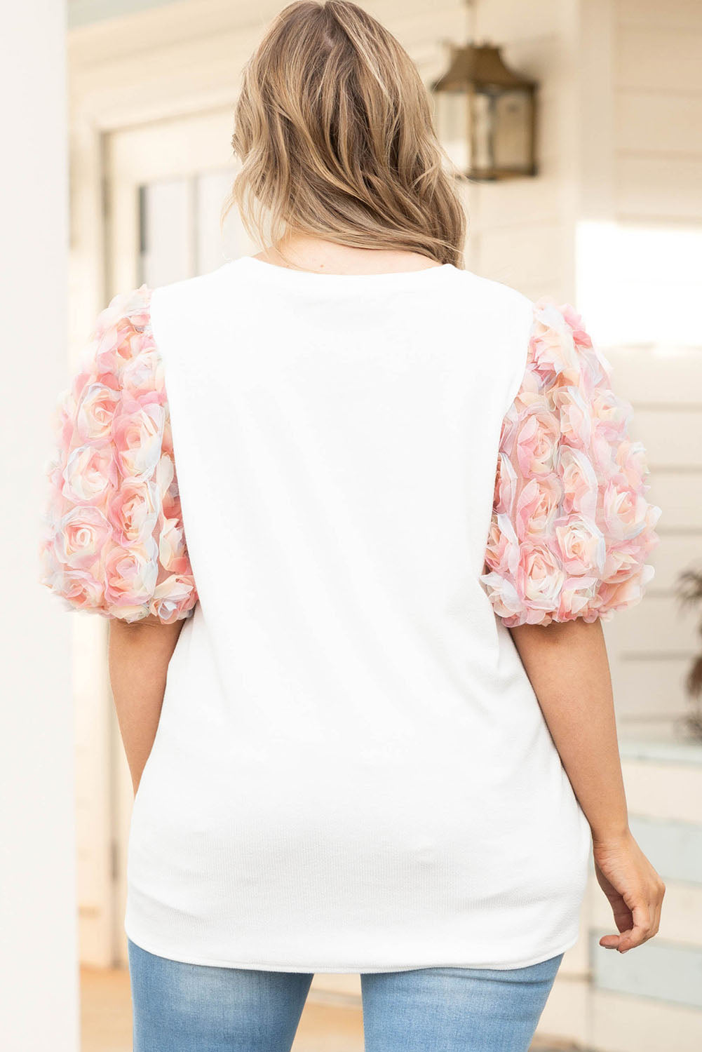 3D Floral Sleeve Round Neck Blouse