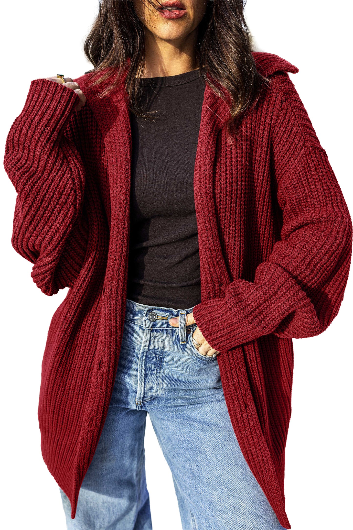 Red Dahlia Solid Color Knit Oversized Button Front Sweater Cardigan