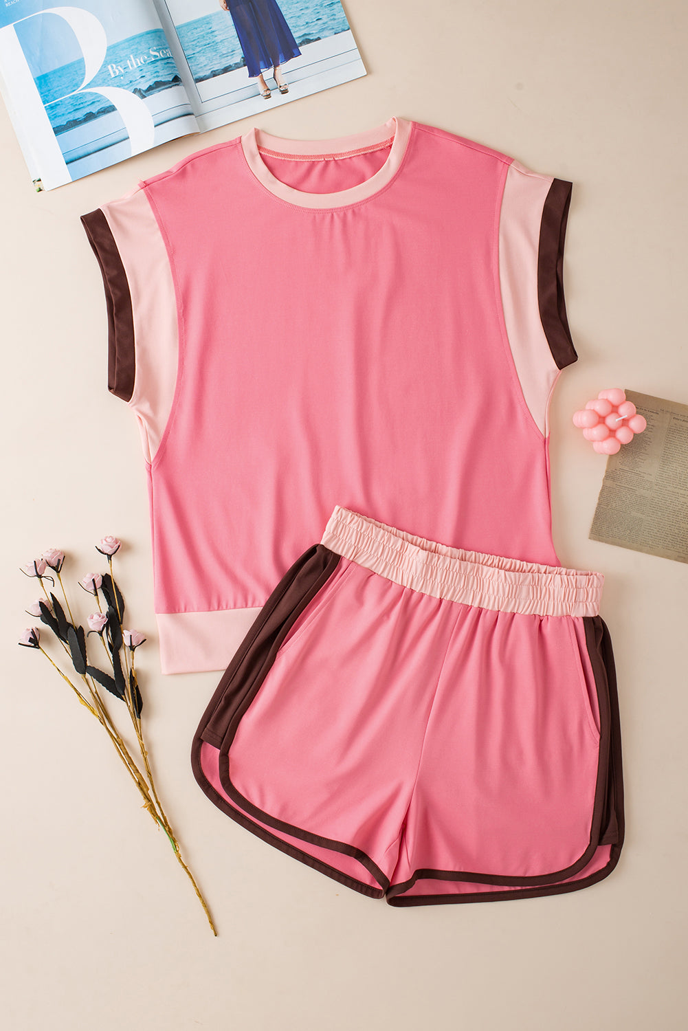 Peach Blossom Contrast Trim Cap Sleeve Tee Shorts Set