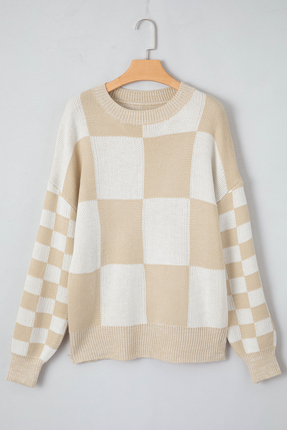 Flaxen Checkered Print Drop Shoulder Sweater