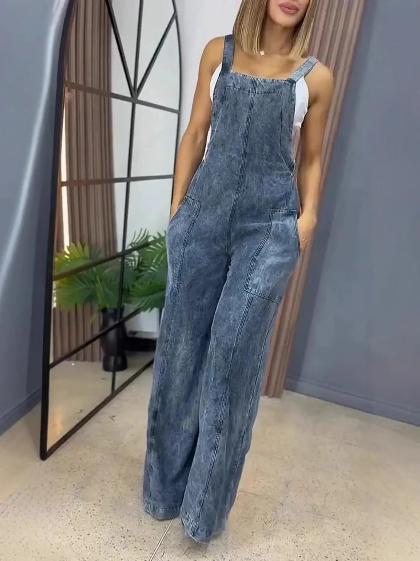 Full Size Wide Leg Washed Denim Overalls Plus Size