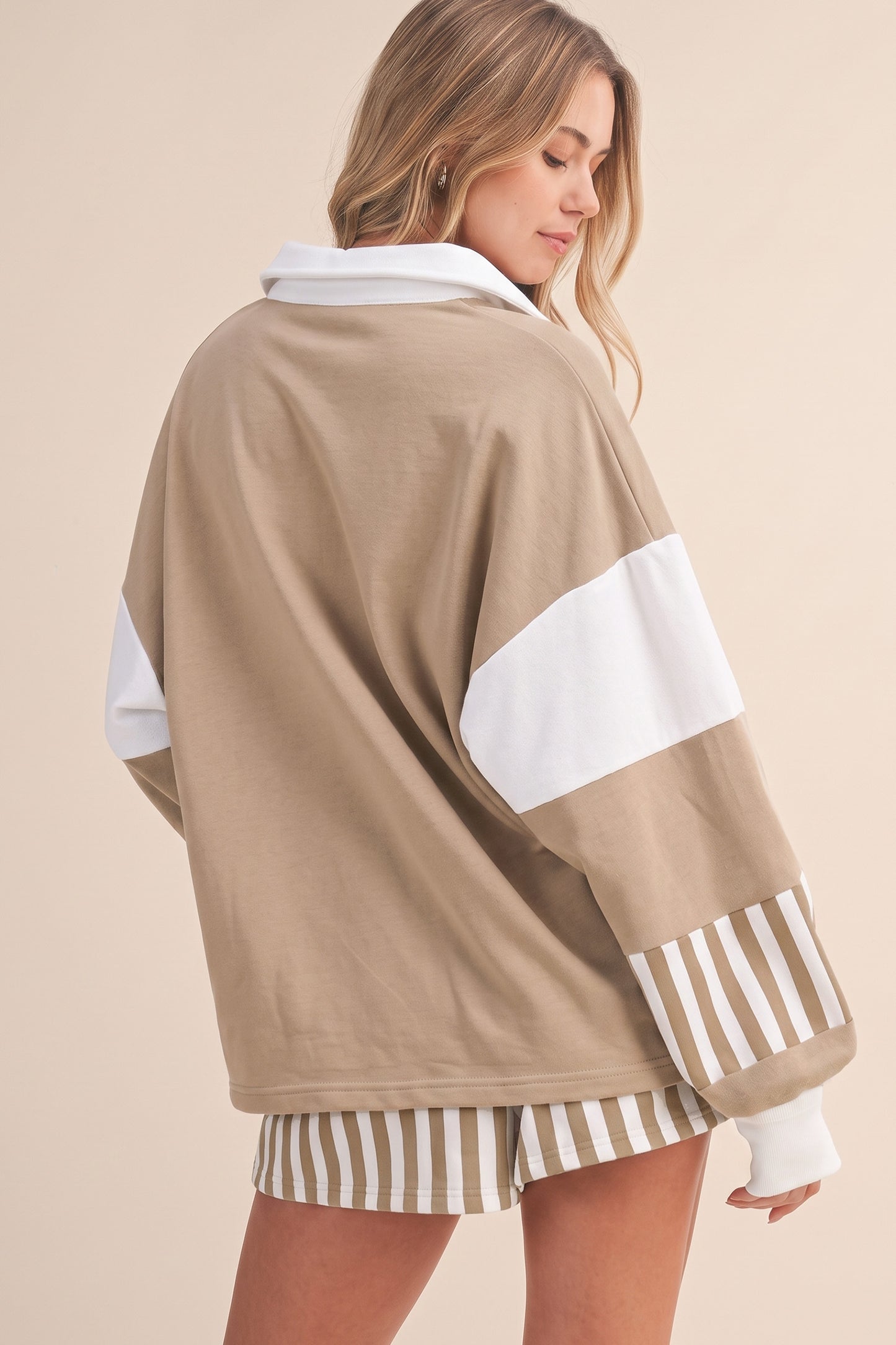 Smoke Green Striped Color Block Pullover Top Drawstring Shorts Set