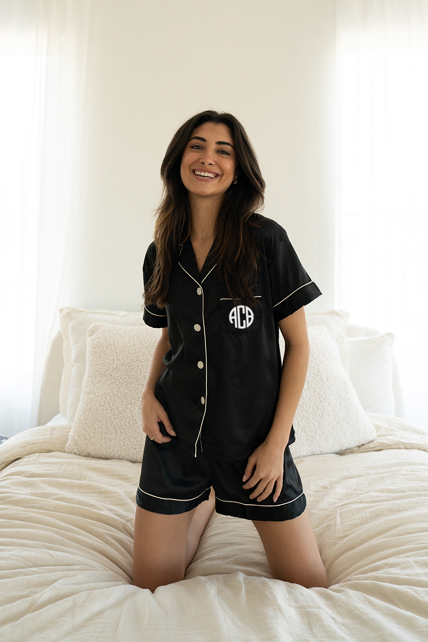Black Satin Pajamas Shorts Set