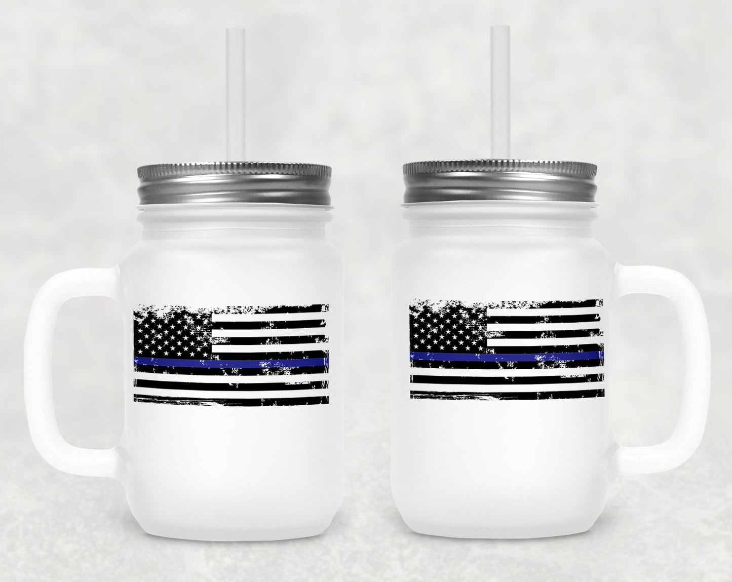 Blue Line Flag Frosted Mason Jar
