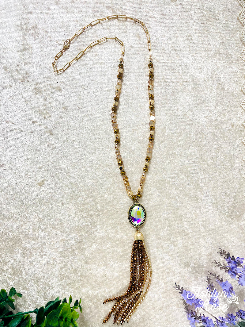 Crash My Party Iridescent Tassel Necklace, Brown