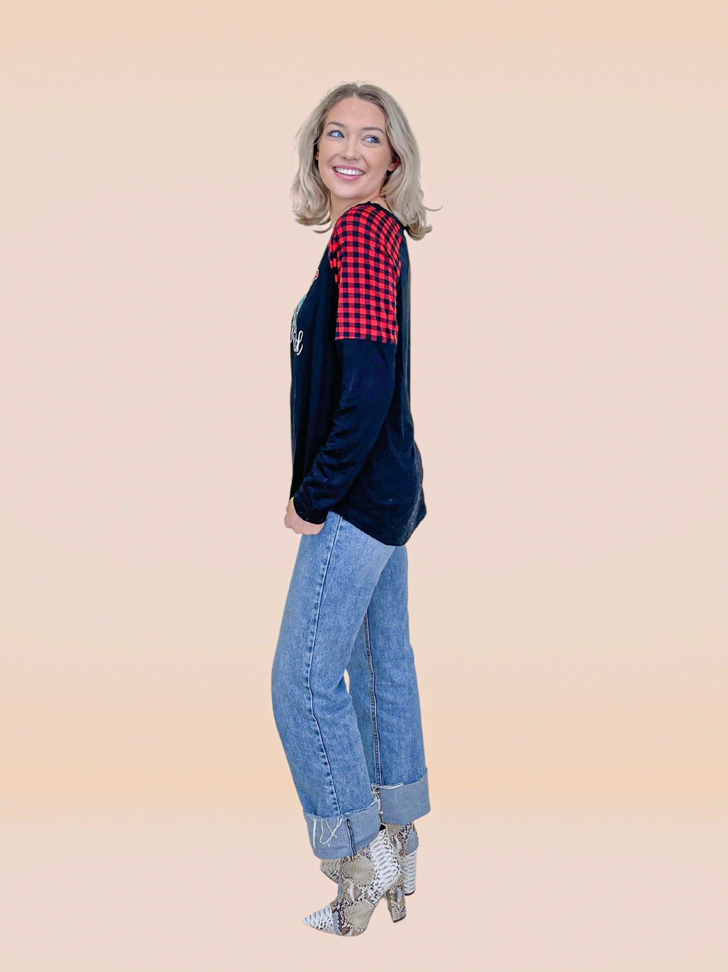 Joy to the World on Black Long Sleeve & Plaid Shoulders