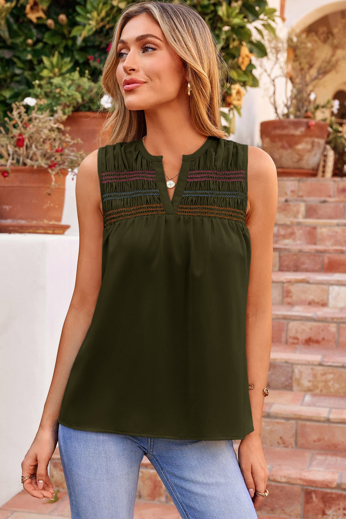 Apricot Shirred Contrast Stitch V Neck Sleeveless Shift Top
