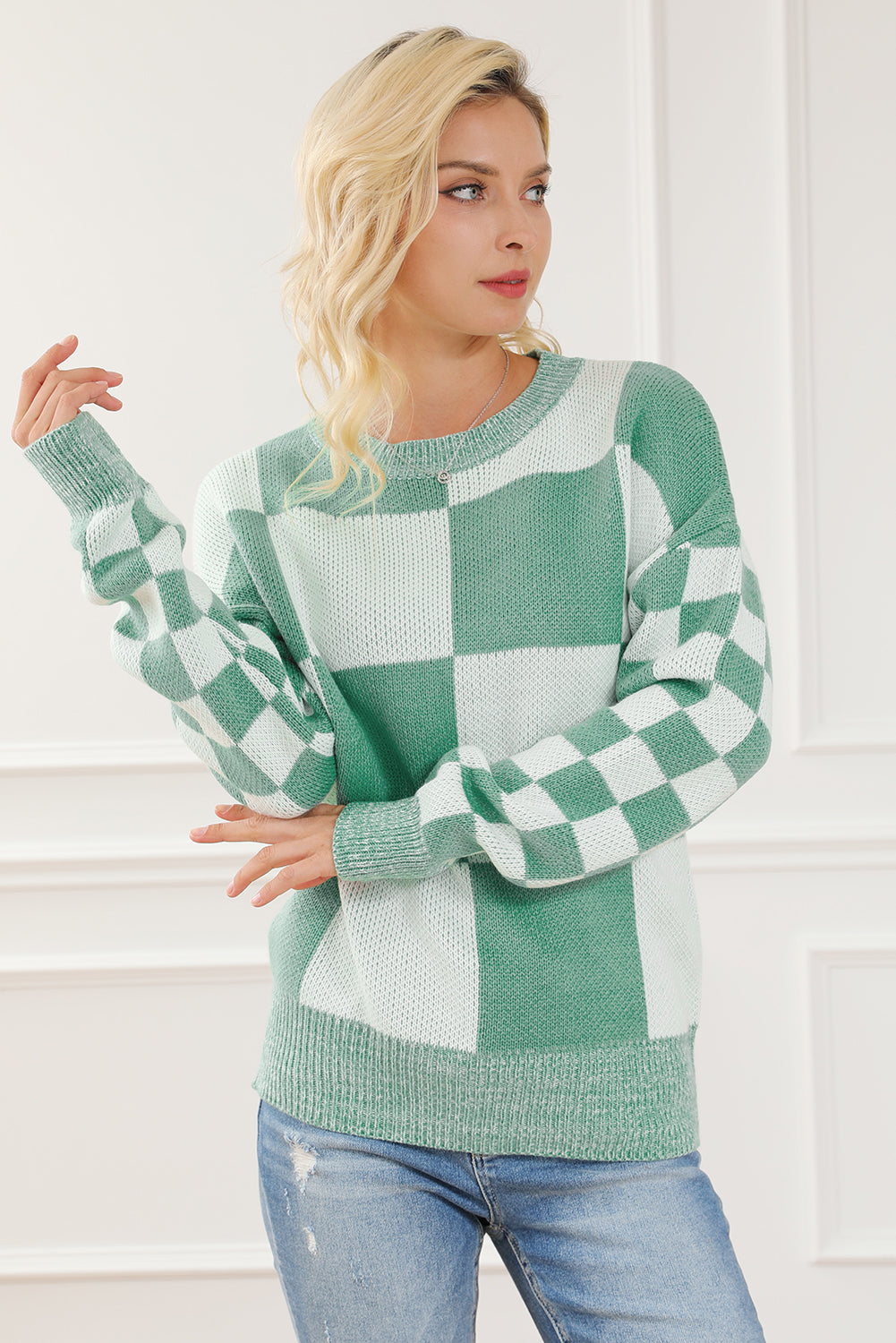Medium Grey Checkered Print Drop Shoulder Sweater