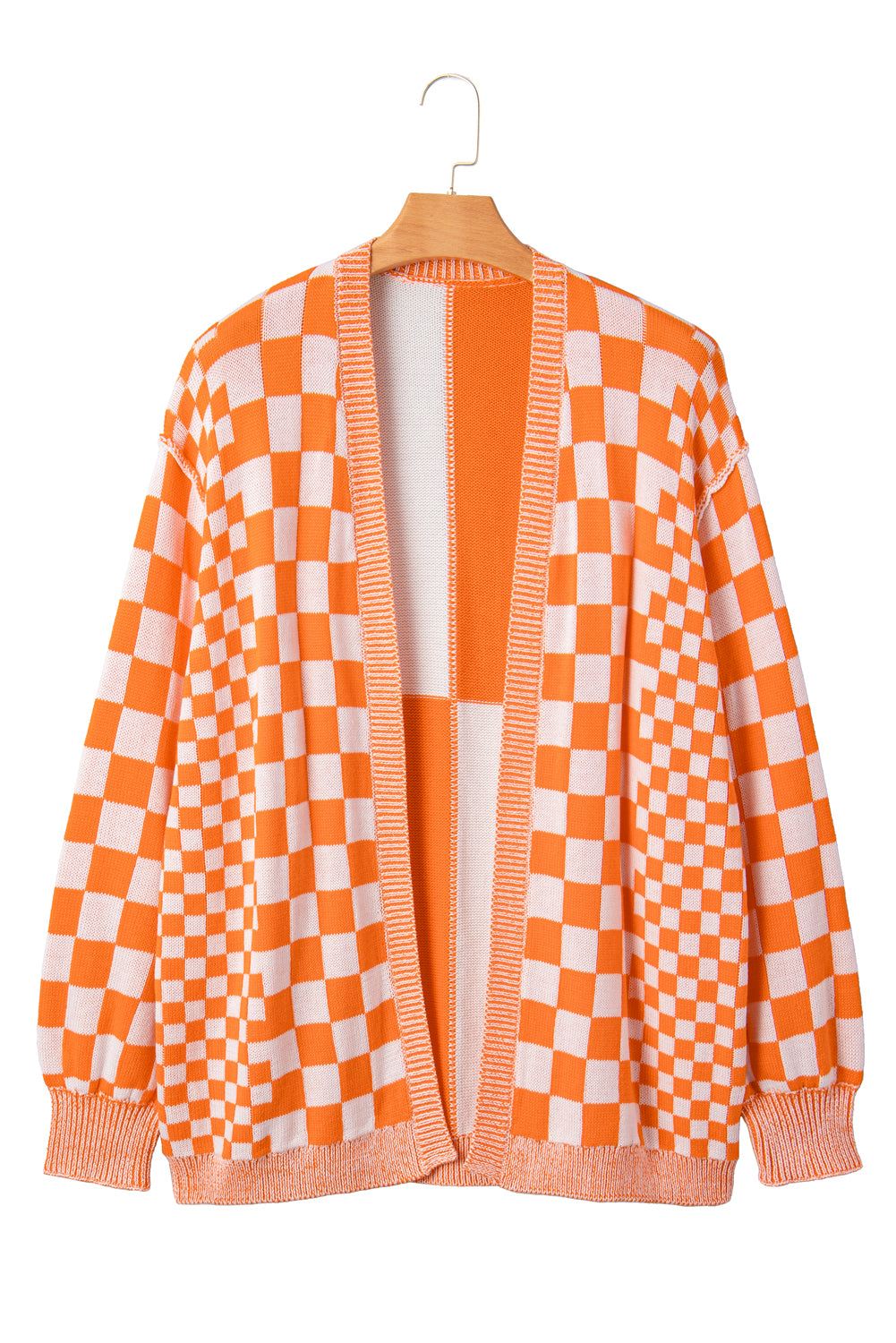 Orange Checkered Bubble Sleeve Plus Size Drop Shoulder Knit Cardigan