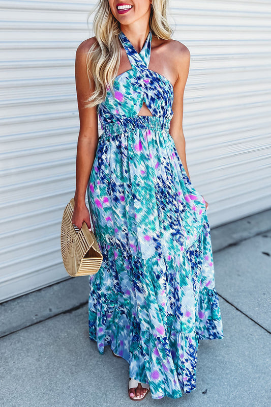 Abstract Print Shirred Lace-up Halter Open Back Maxi Dress
