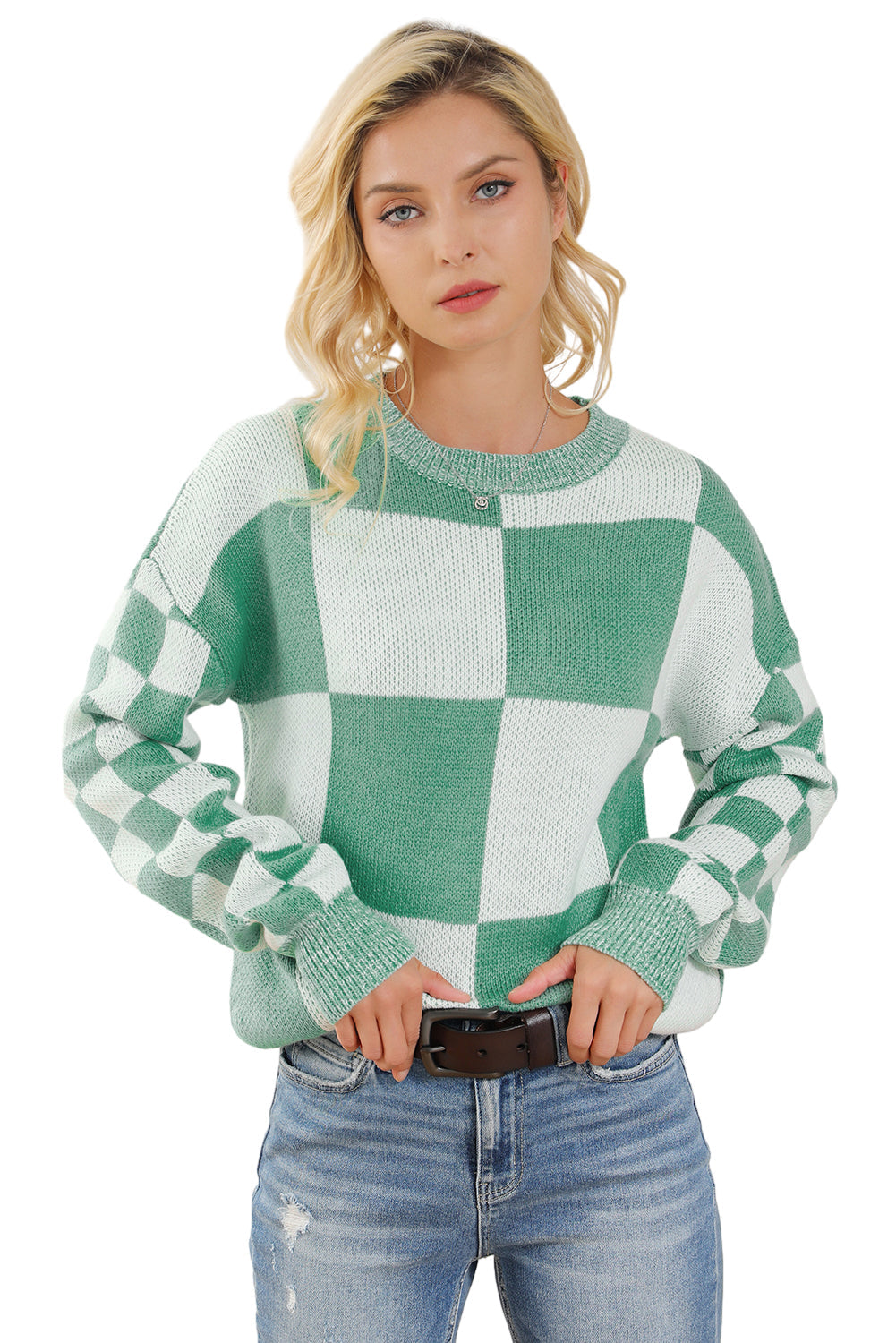 Medium Grey Checkered Print Drop Shoulder Sweater