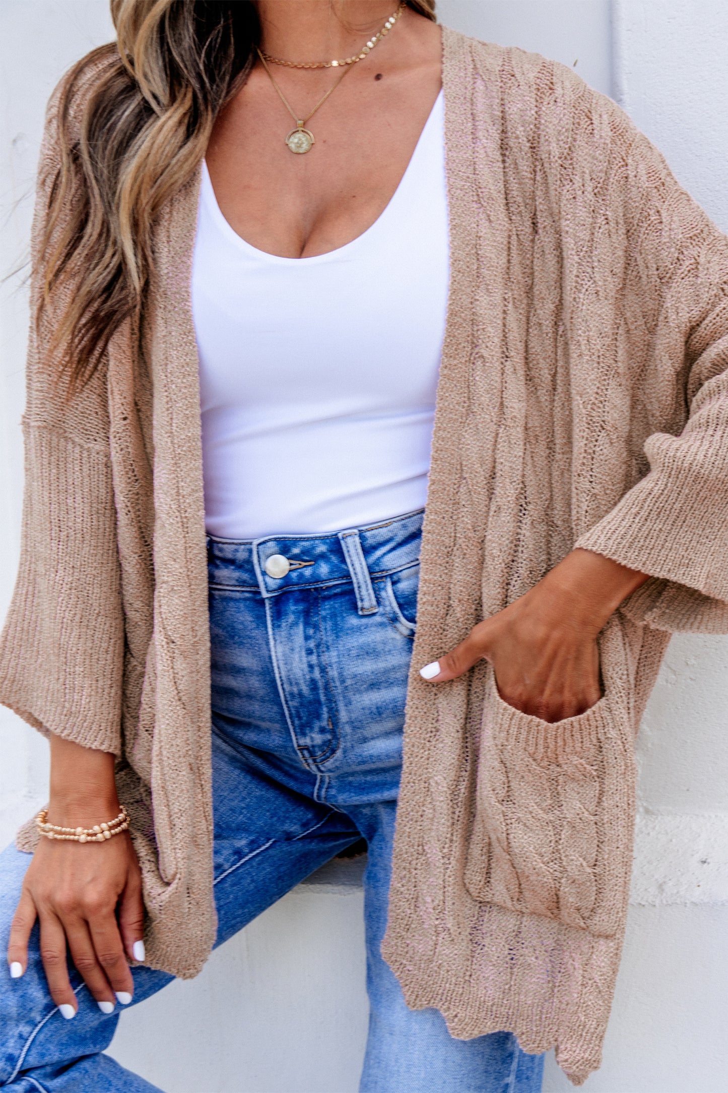 Pink Drop Shoulder Crochet Knit Open Front Cardigan