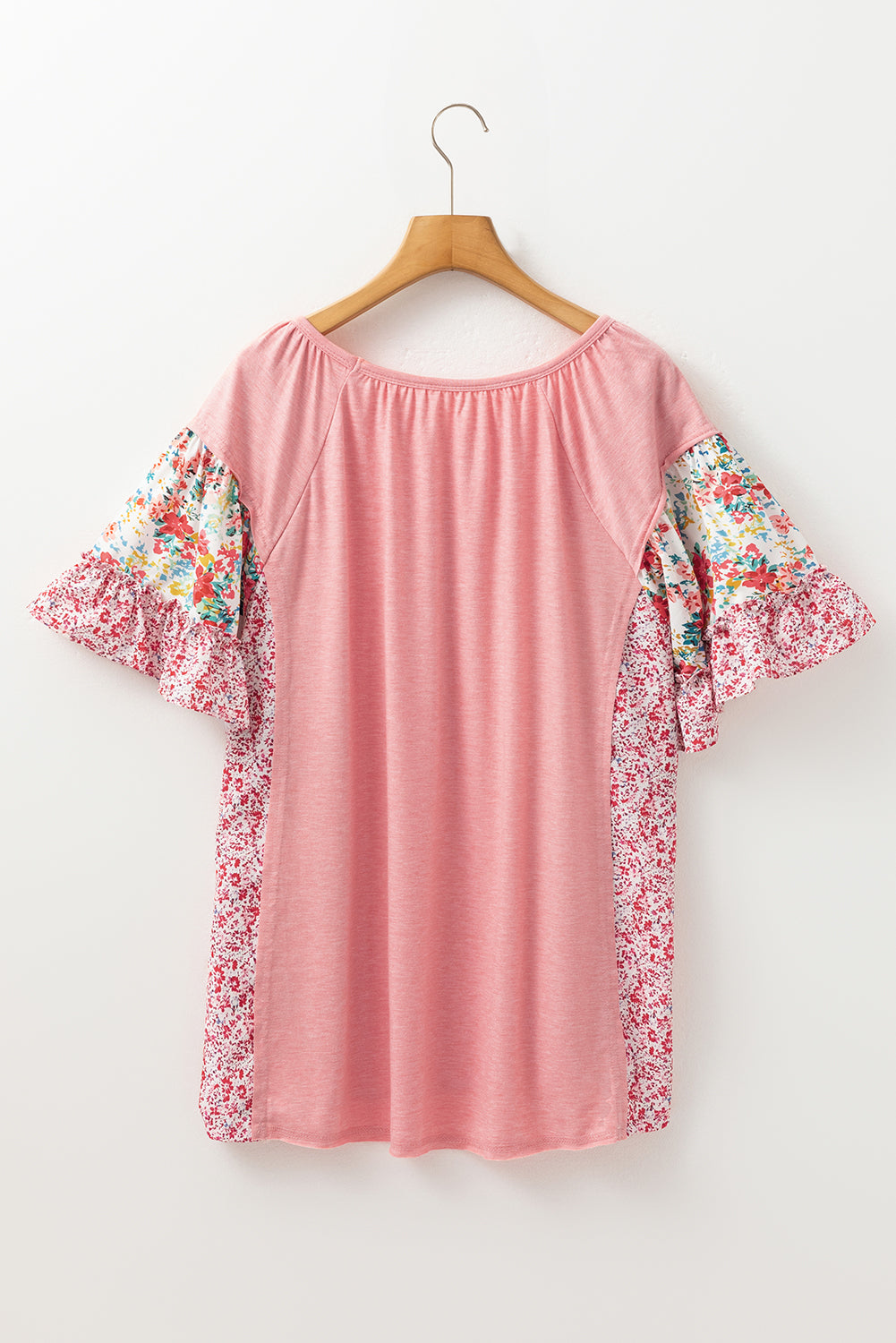 Pink Plus Size Floral Patchwork Ruffle Short Sleeve Blouse