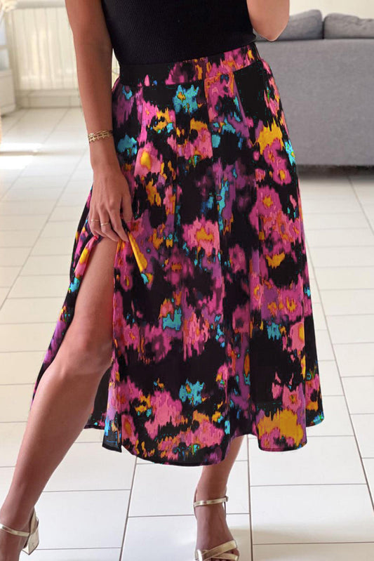 Abstract Floral Print Pleated Slit Skirt