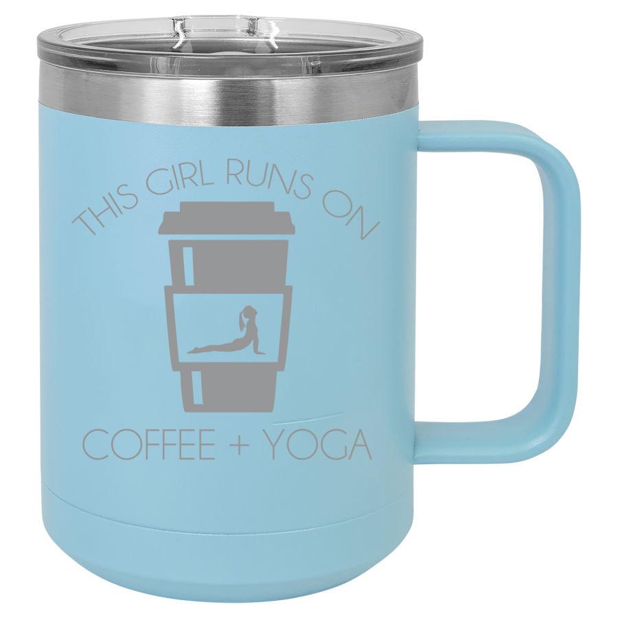 This Girl Runs on Coffee + Yoga 15 oz Polar Camel Coffee Mug with Sliding Lid