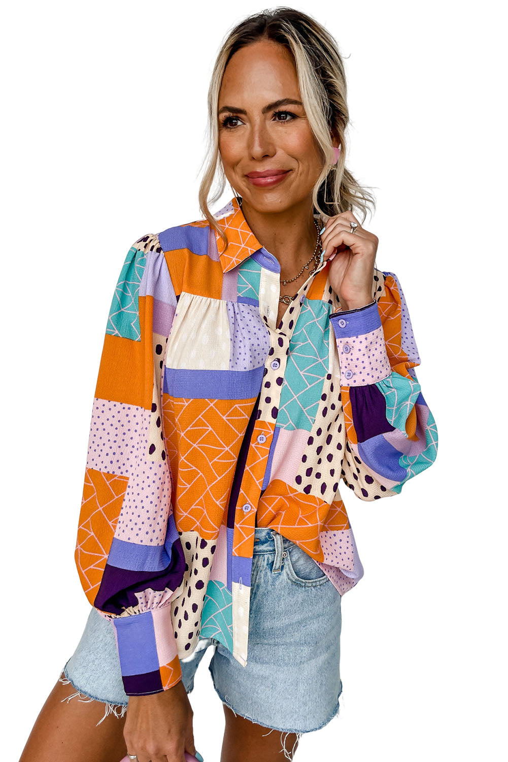 Multicolour Plus Size Mixed Print Buttoned Shirt