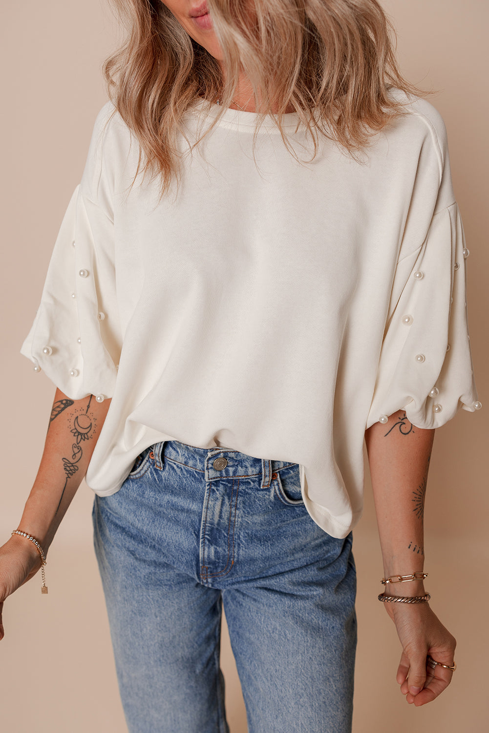 White Pearled Puff Sleeve Round Neck Loose Top