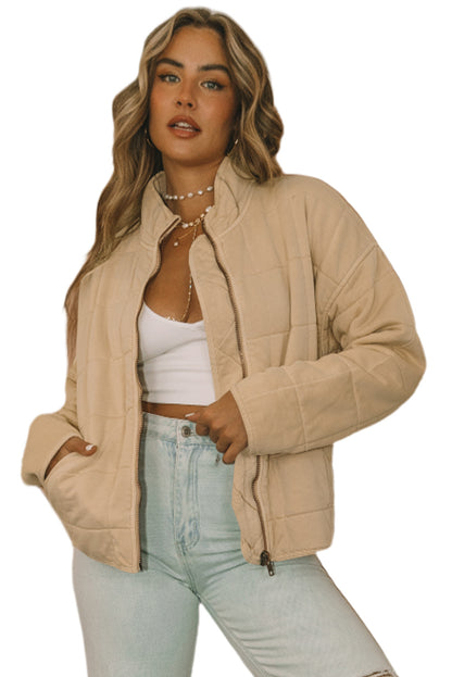 Black Zip-Up Pocket Quilted Cropped Jacket