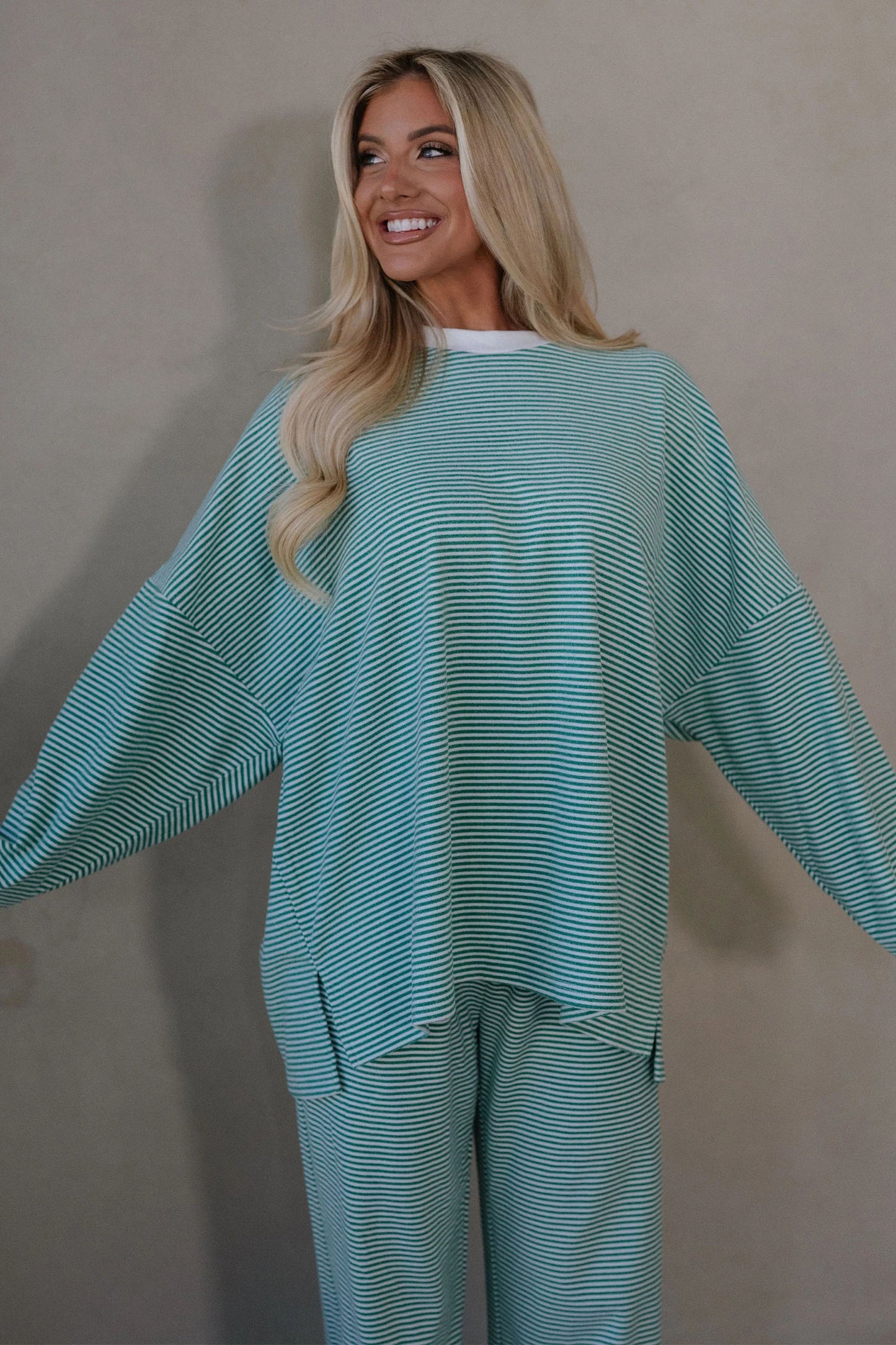 Pink Striped Drop Shoulder Long Sleeve Pant Set
