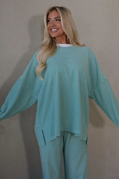 Pink Striped Drop Shoulder Long Sleeve Pant Set