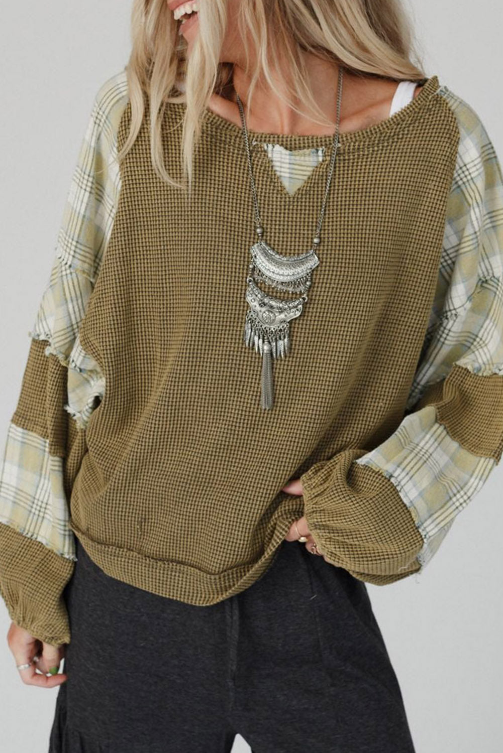 Green Plaid Patch Waffle Knit Exposed Seam Bubble Sleeve Top