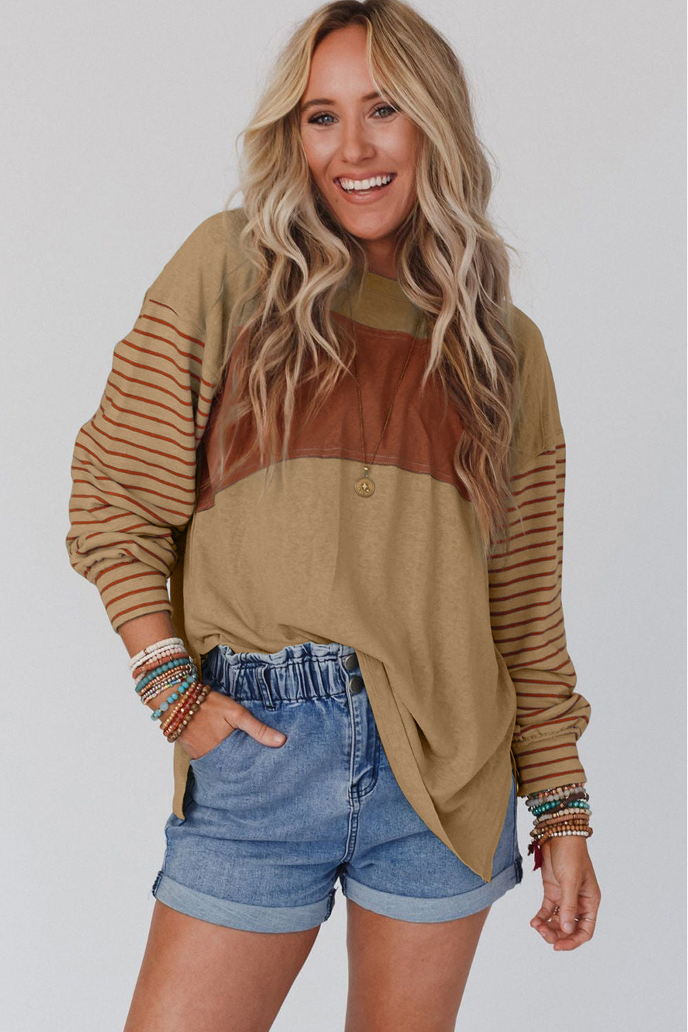 Flaxen Colorblock Striped Bishop Sleeve Top