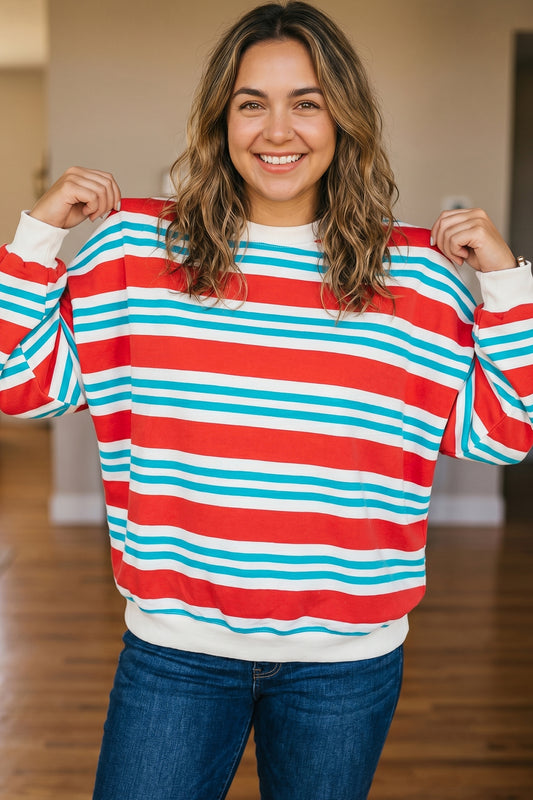 Red Stripe Striped Colorblock Long Sleeve Round Neck Tunic Plus Size Sweatshirt