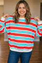 Red Stripe Striped Colorblock Long Sleeve Round Neck Tunic Plus Size Sweatshirt