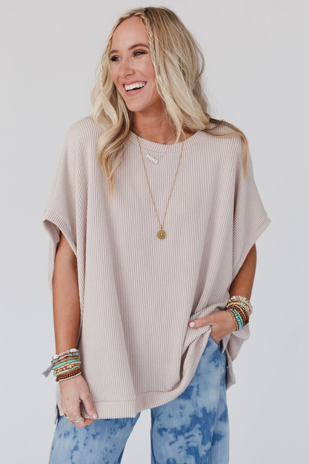 Ribbed Knit Batwing Sleeve Tunic Oversized T Shirt