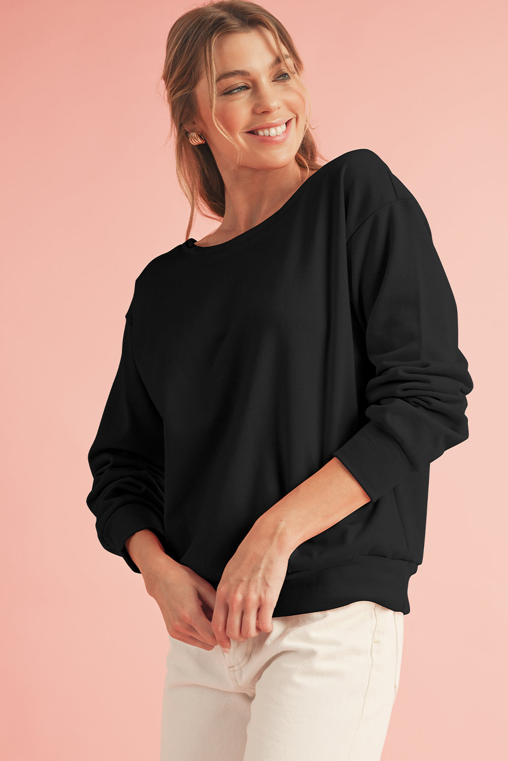 Black Bowknot Plain Round Neck Sweatshirt