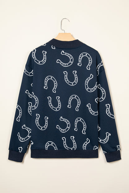 Brown Western Horseshoe Print Mock Neck Casual Pullover Sweatshirt