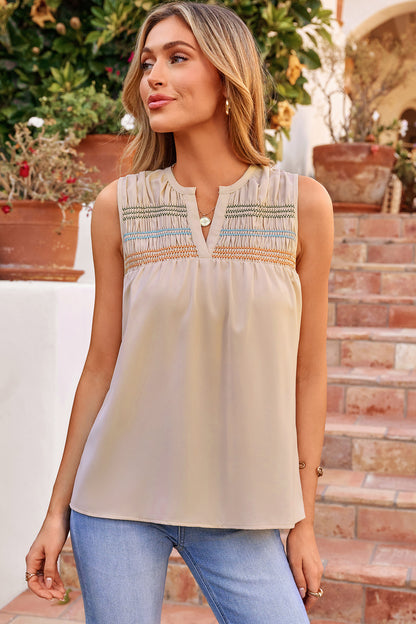 Apricot Shirred Contrast Stitch V Neck Sleeveless Shift Top