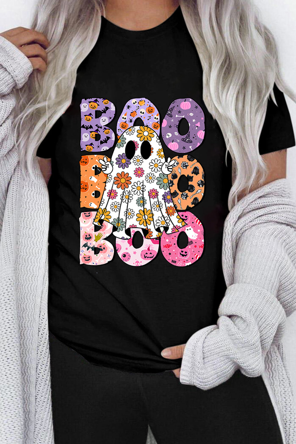 Black BOO Floral Ghost Print Crew Neck Halloween T Shirt