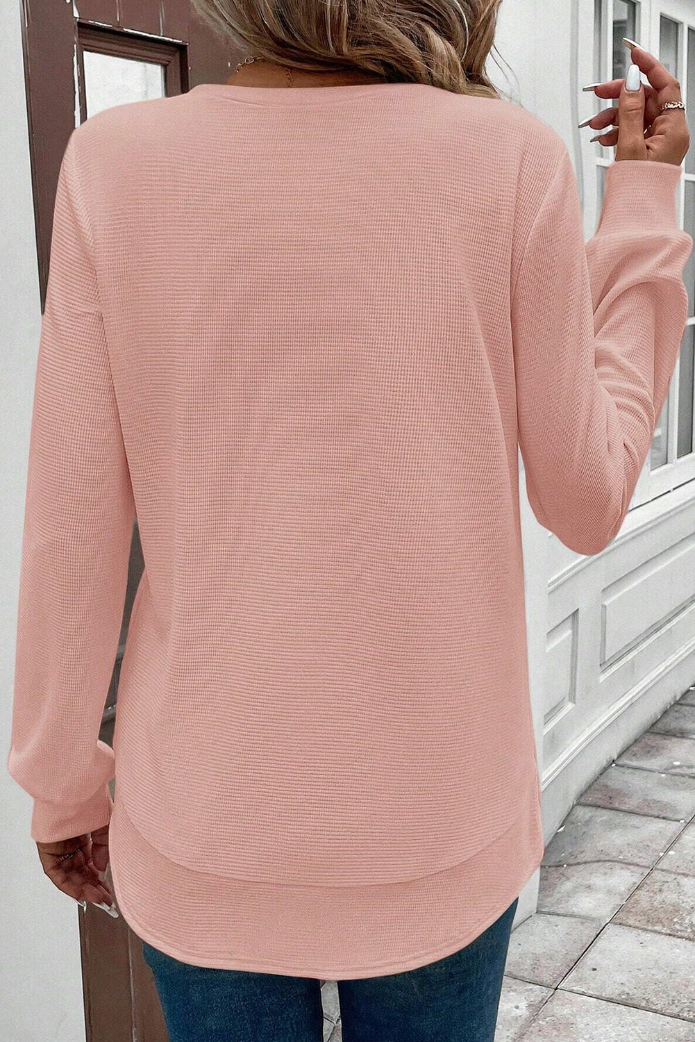 White Rounded Hem Waffle Plain Long Sleeve Top