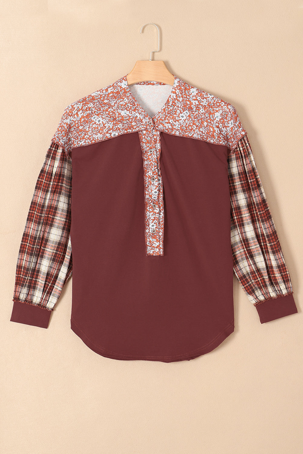 Red Dahlia Mixed Print Half Buttons Plus Size Pullover Top