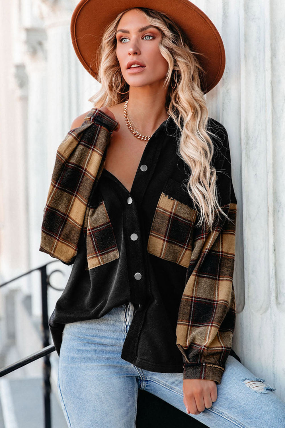 Rose Plaid Patchwork Chest Pockets Oversized Shirt Jacket