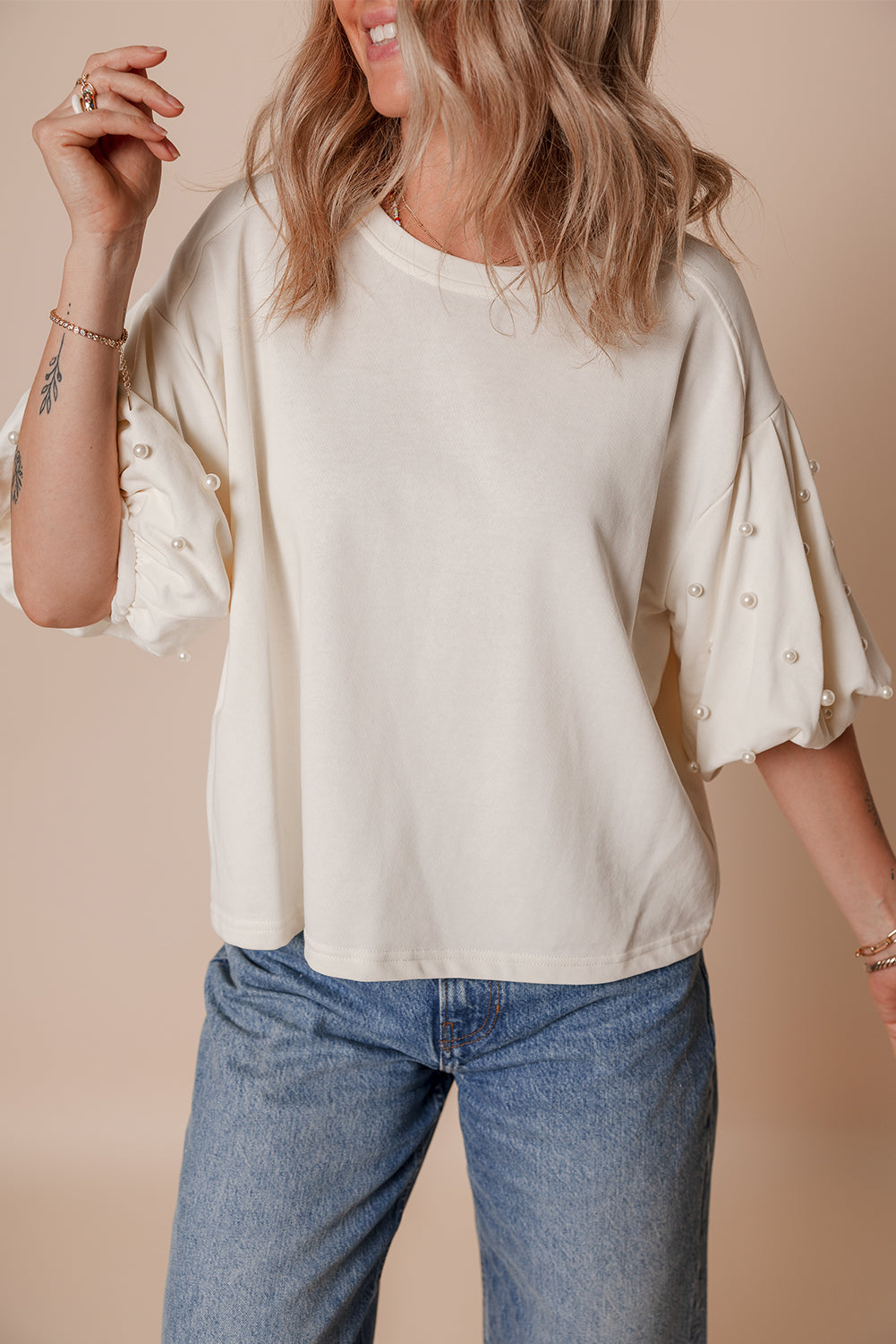 White Pearled Puff Sleeve Round Neck Loose Top