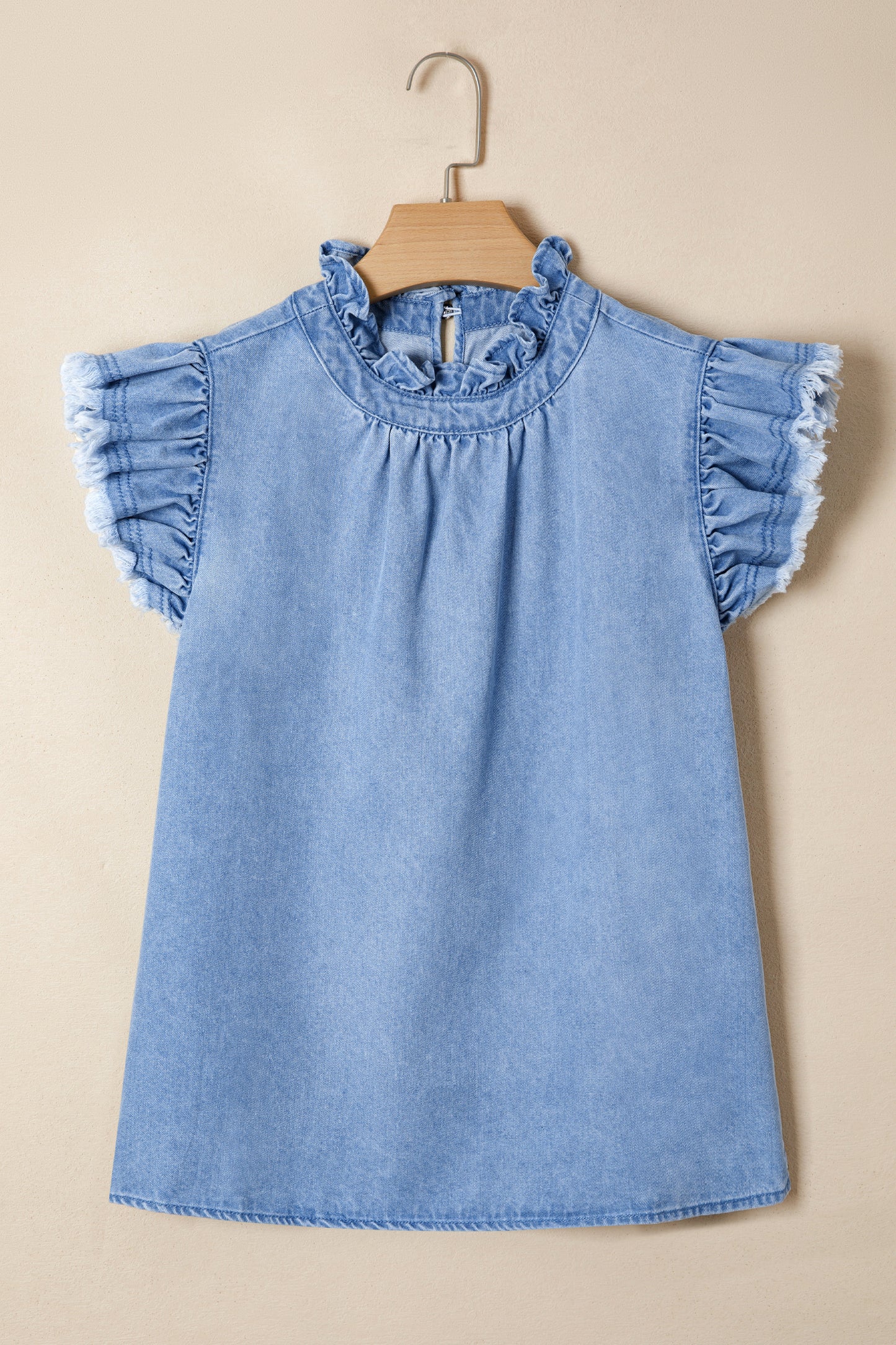 White Frilled Collar Flutter Sleeve Denim Top