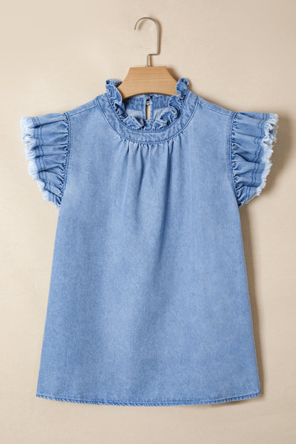 White Frilled Collar Flutter Sleeve Denim Top